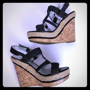 XOXOBlack Wedge Platform Sandals Fabric Upper Size 7